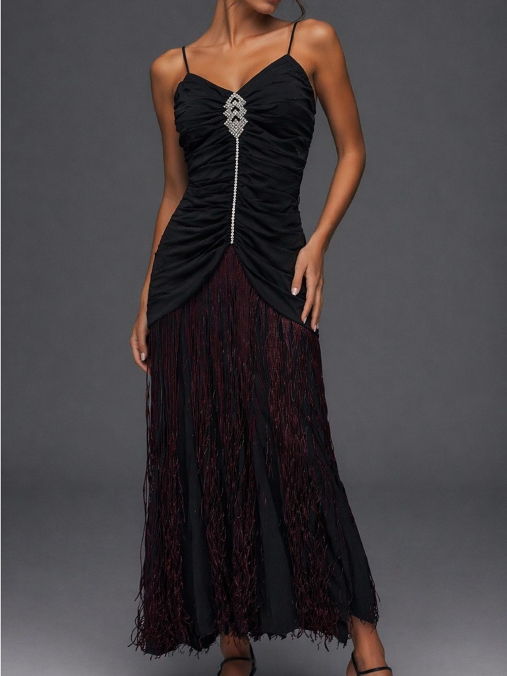 Black Fringe Maxi Dress with Crystal Accent